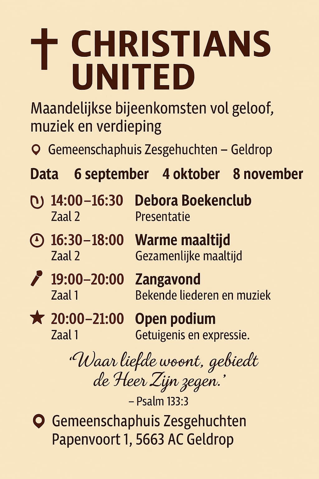 Poster maandelijkse bijeenkomsten 2025